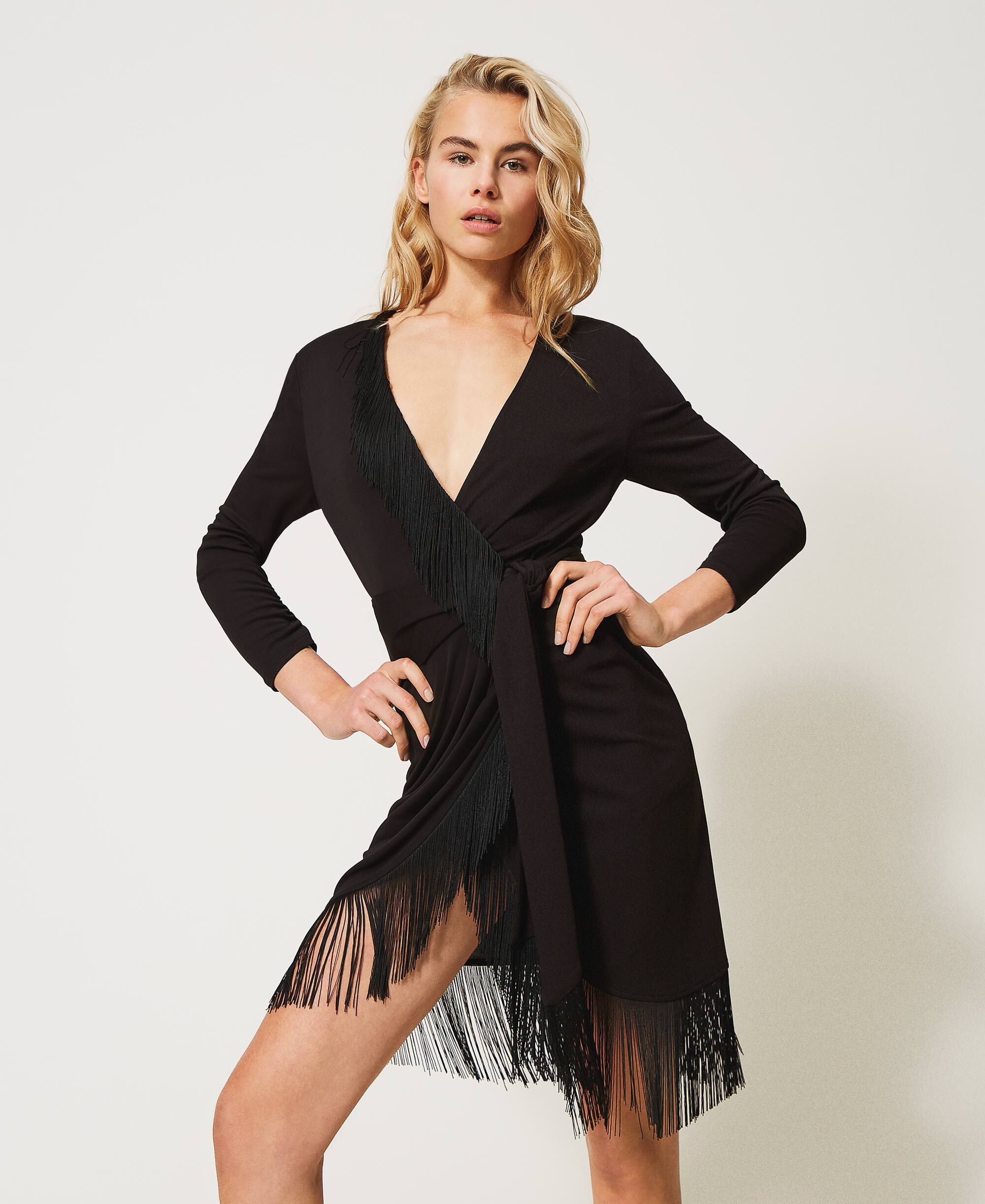 Wrap-around dress with fringes Woman, Black | TWINSET Milano